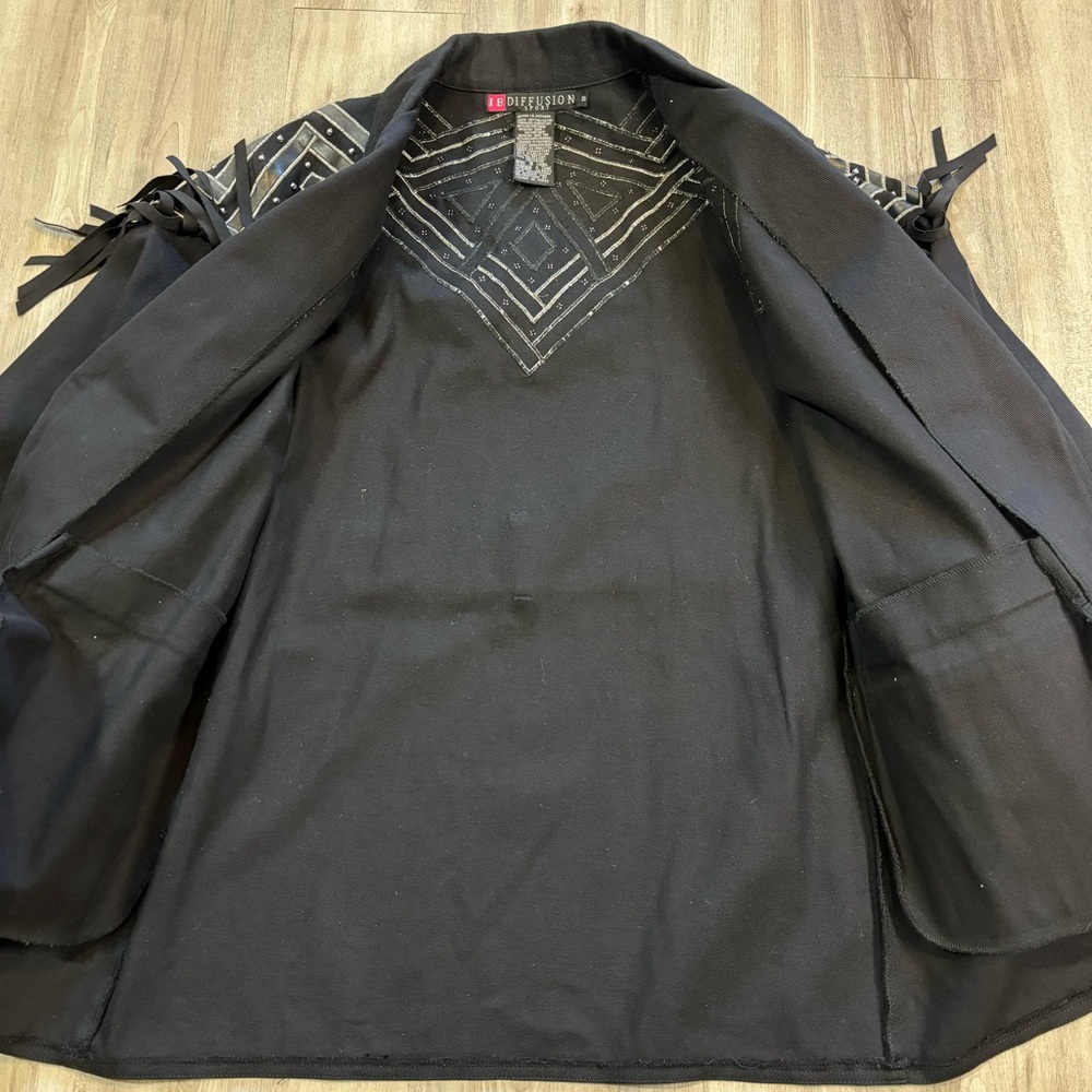 Vintage IB Diffusion Small Black Fringe Western Jacket Studded Yoke Belted 90s - Picture 8 of 15